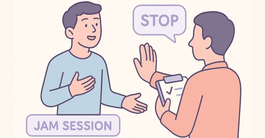 Student getting interrupted during a JAM speech by an evaluator.