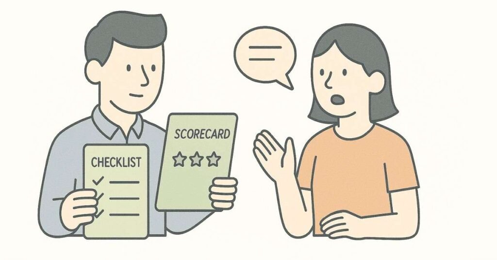 Evaluator scoring a student’s JAM performance using a checklist.