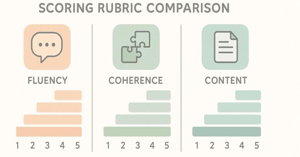 Visual showing JAM scoring rubrics for fluency, coherence, and content quality.