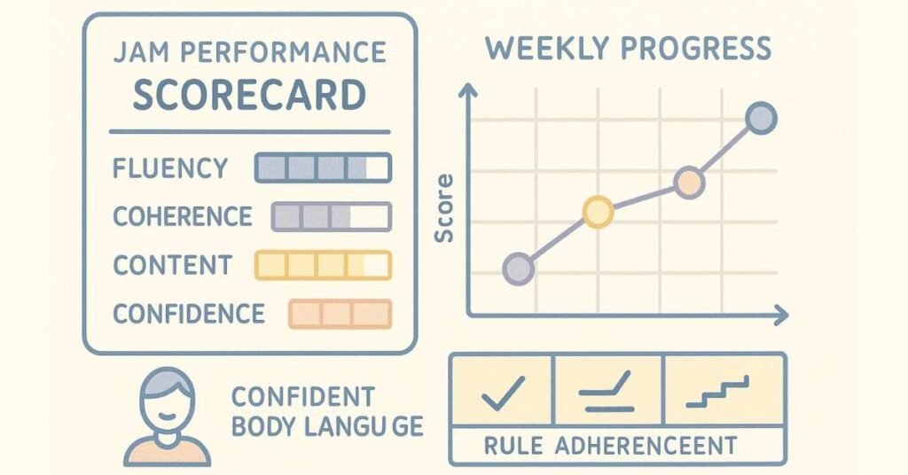 JAM evaluation scorecard with progress-tracking chart showing weekly improvement.