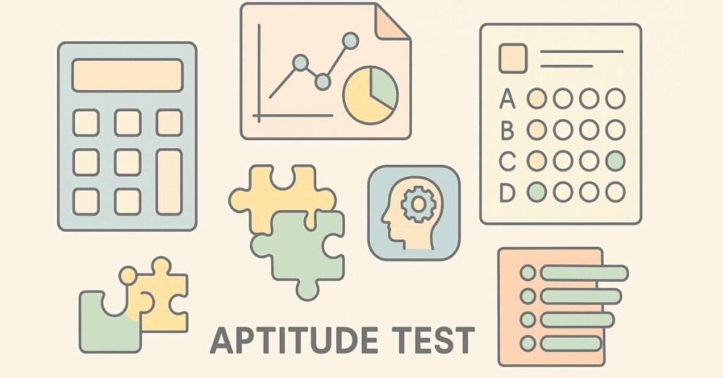 Illustration representing aptitude and reasoning test components like puzzles, numbers, and charts.
