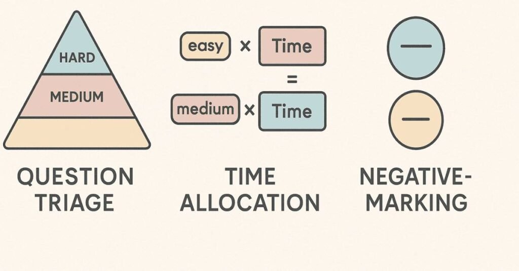 Infographic showing time-management and test-taking strategies for aptitude exams.