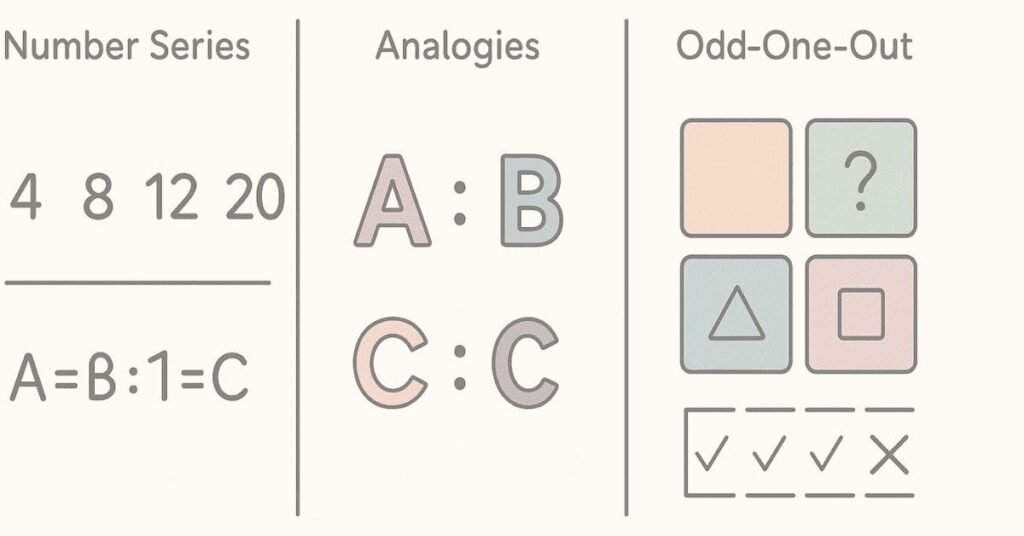 Visual representing number series, analogy relationships, and classification (odd-one-out) concepts.