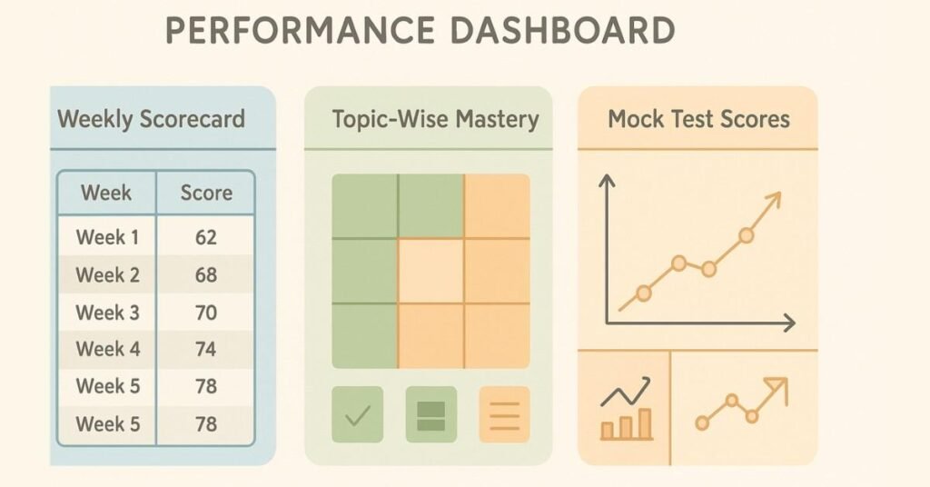 Illustration showing a performance dashboard including weekly scorecards and mock test progress.