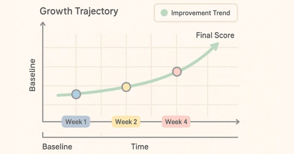 Line graph showing improvement in aptitude scores over weeks as a growth trajectory.