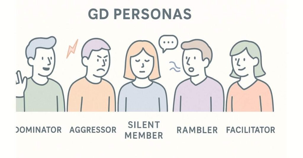 Illustration of different types of participants in a group discussion, including leader and challenging personas.