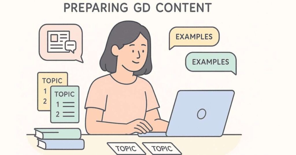 Student preparing content for GD with research materials and topic cards.