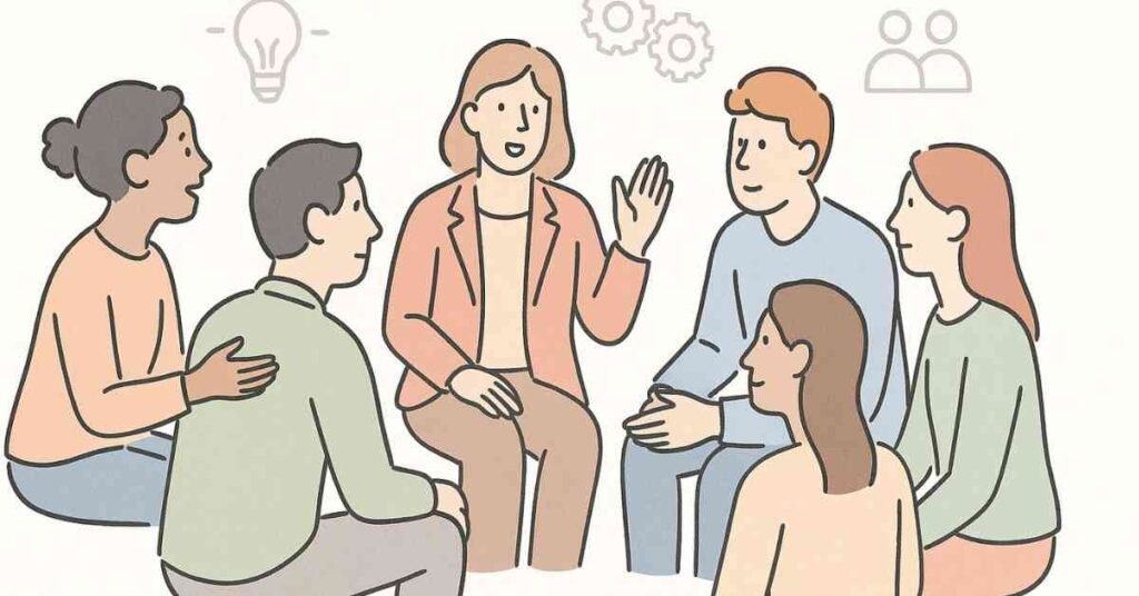 Illustration of people sitting in a round-table group discussion representing teamwork and communication.