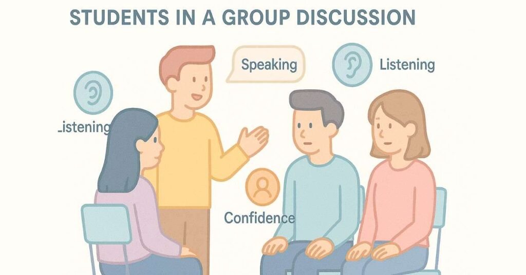 Students engaging in a group discussion focusing on communication skills.