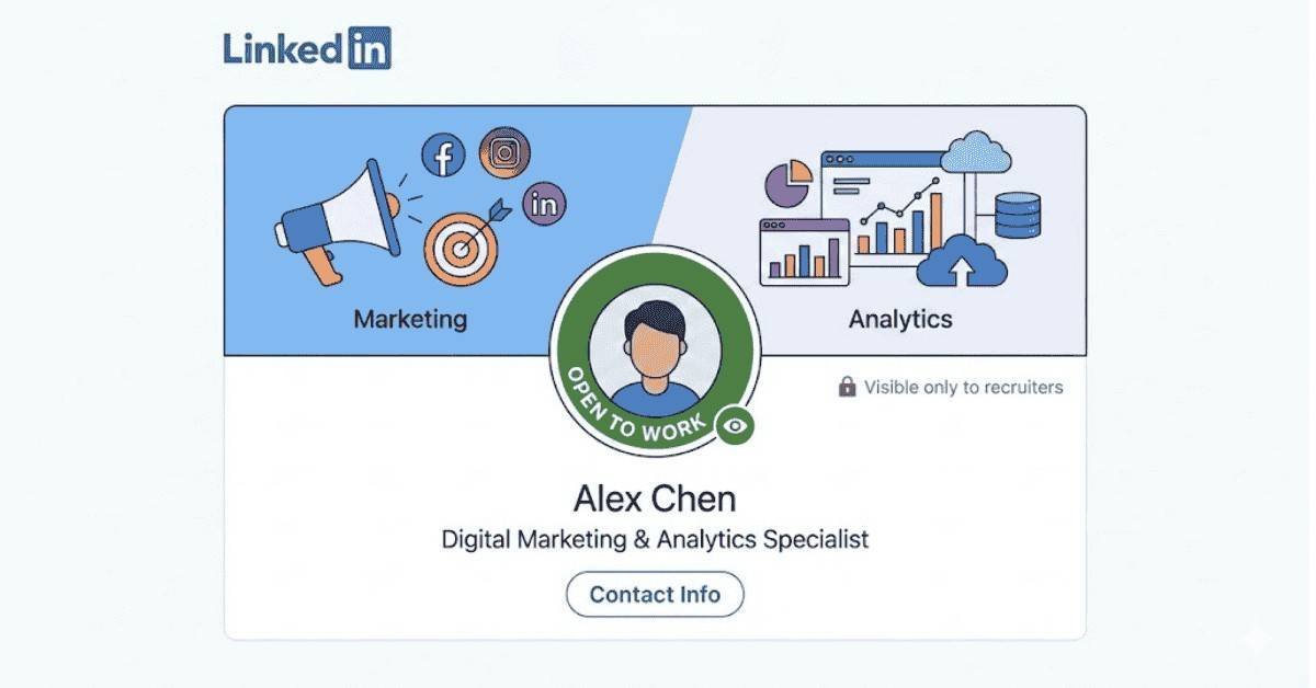 LinkedIn profile banner and Open-to-Work feature demonstrating professional visual identity.