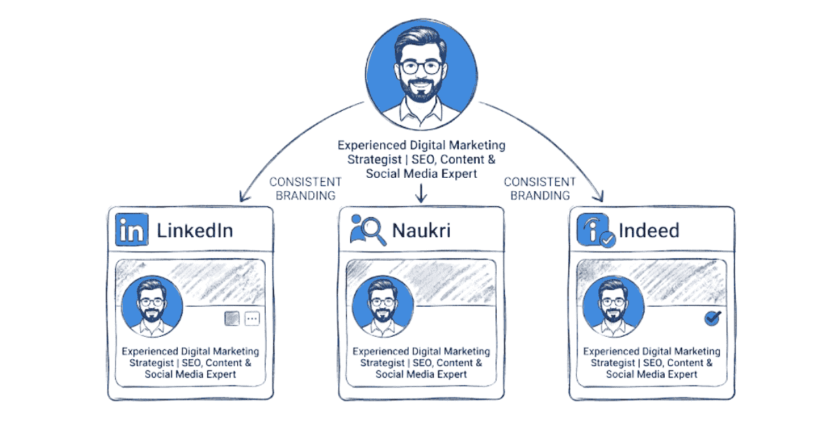 Consistent branding across LinkedIn, Naukri, and Indeed profiles using same profile photo and headline.
