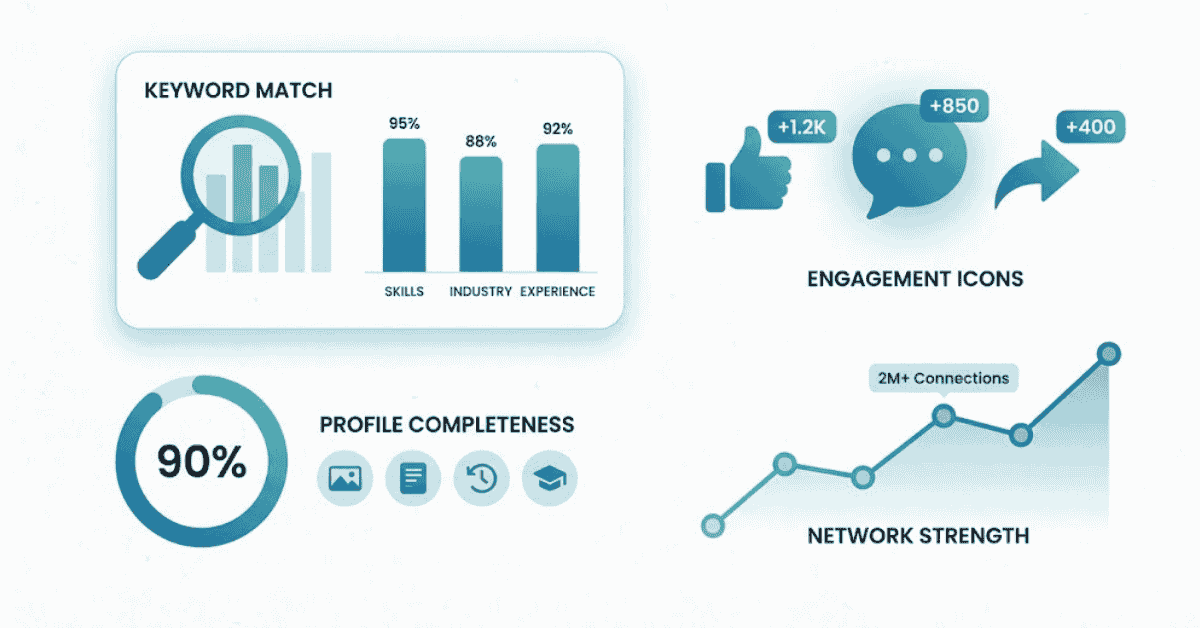 Illustration explaining how LinkedIn’s algorithm ranks profiles using keywords, completeness, and engagement.