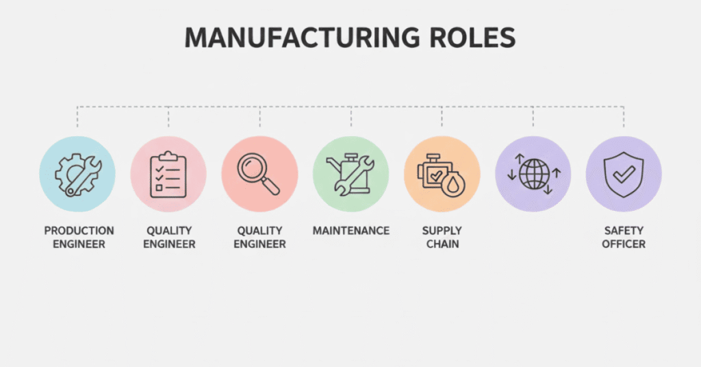 different career roles in manufacturing industry illustrated with simple icons