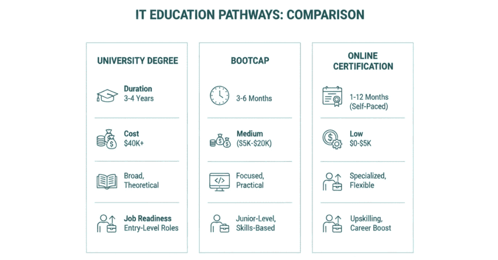 Comparison of IT degree, bootcamp, and certification paths for beginners.