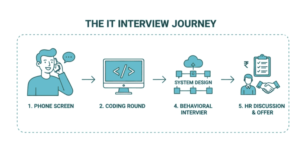 IT interview preparation process showing technical, coding, system design, and HR rounds.