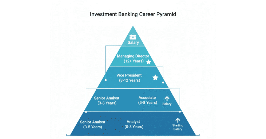Investment banking career progression from analyst to managing director.