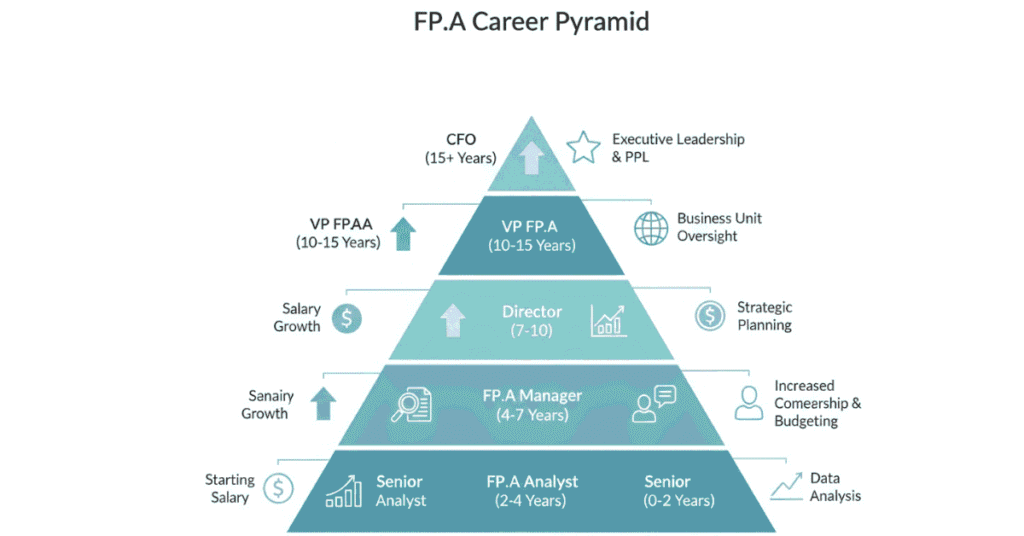 FP&A career progression from analyst to CFO with salary growth.