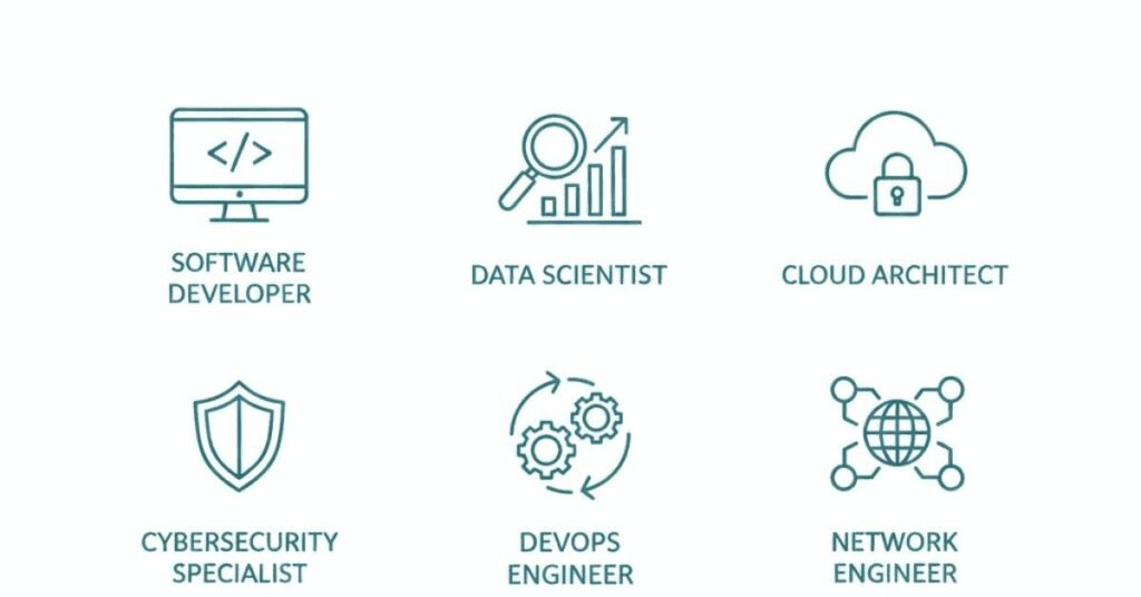Different IT career roles such as software developer, data scientist, cloud and cybersecurity professional.