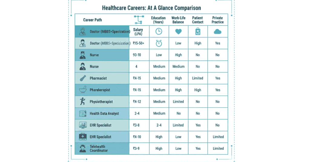 Healthcare career comparison by salary, education, and work life balance