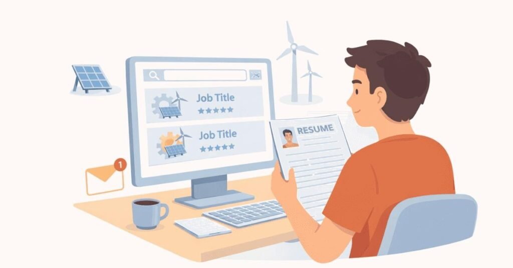Fresher candidate reviewing resume and job portals with renewable energy icons