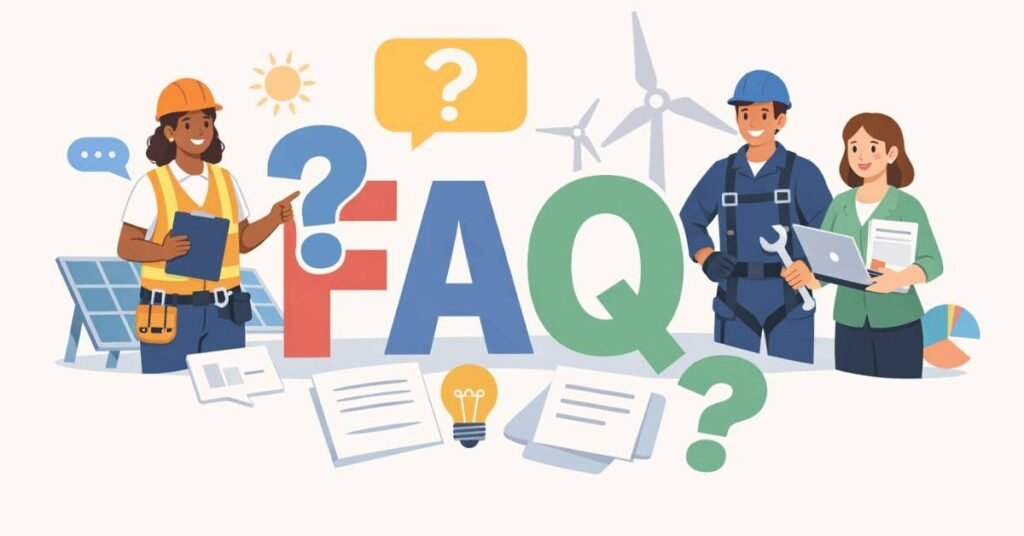 Diverse renewable energy professionals (solar, wind, EV, energy analyst) standing around large FAQ icons (question marks, chat bubbles)