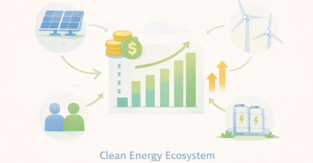 Illustration showing money flow, customers, funding, and clean energy growth