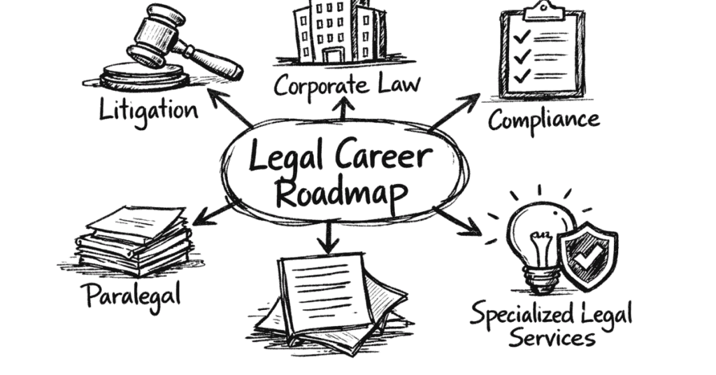 Napkin style legal career roadmap showing litigation, corporate law, compliance, paralegal and specialized legal roles