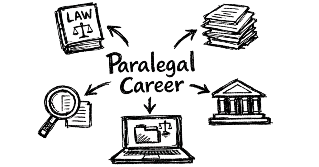 Napkin style illustration explaining paralegal career role with research, document drafting and legal support icons