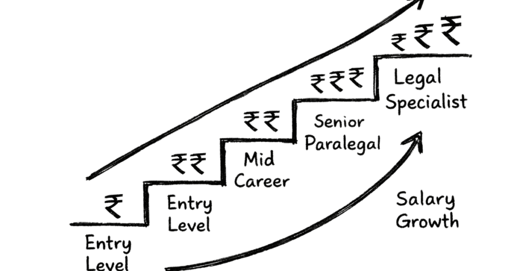 Napkin style salary growth chart for paralegal careers from entry level to senior legal specialist