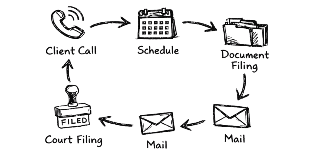 Napkin style illustration explaining legal assistant role with scheduling, document management and office support icons