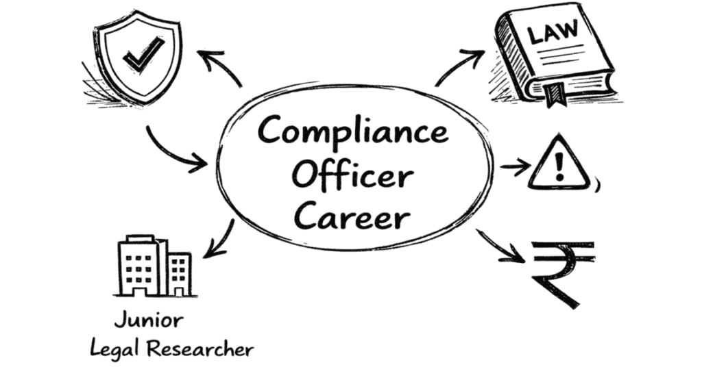 Napkin style illustration explaining compliance officer role with regulation, risk prevention and corporate governance icons