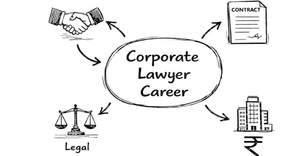 Napkin style illustration showing corporate lawyer role in business deals, contracts and corporate governance