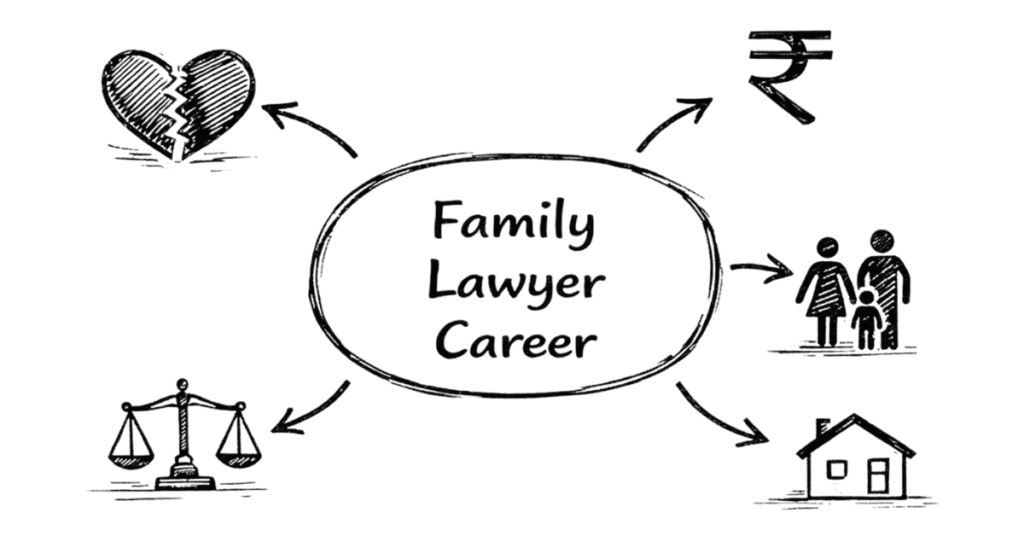 Napkin style illustration explaining family lawyer career with divorce, child custody and family dispute icons