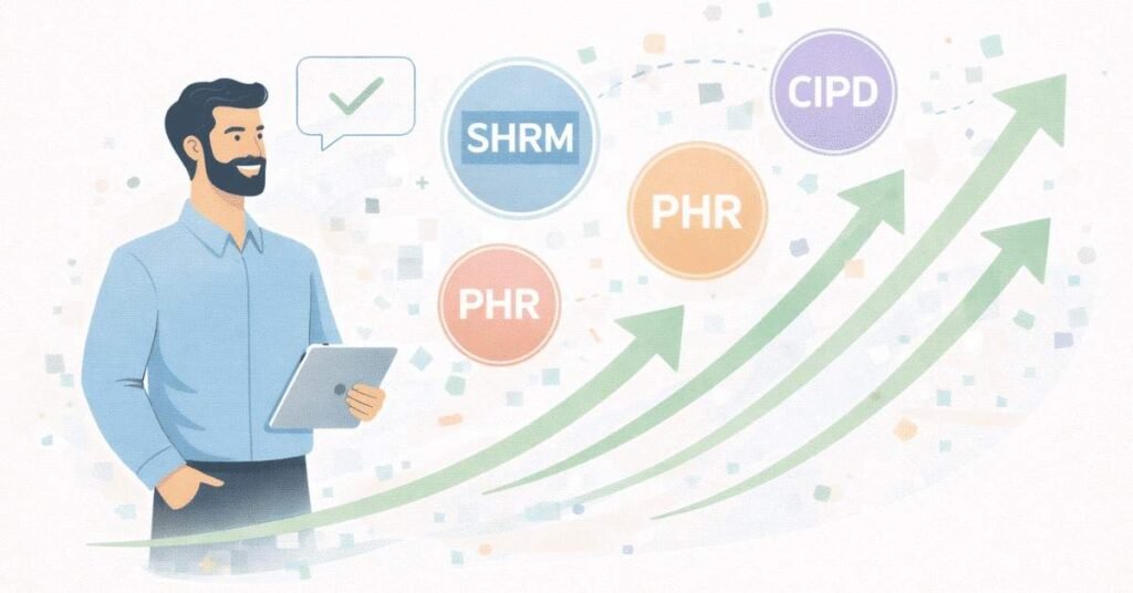 HR professional holding certification badges