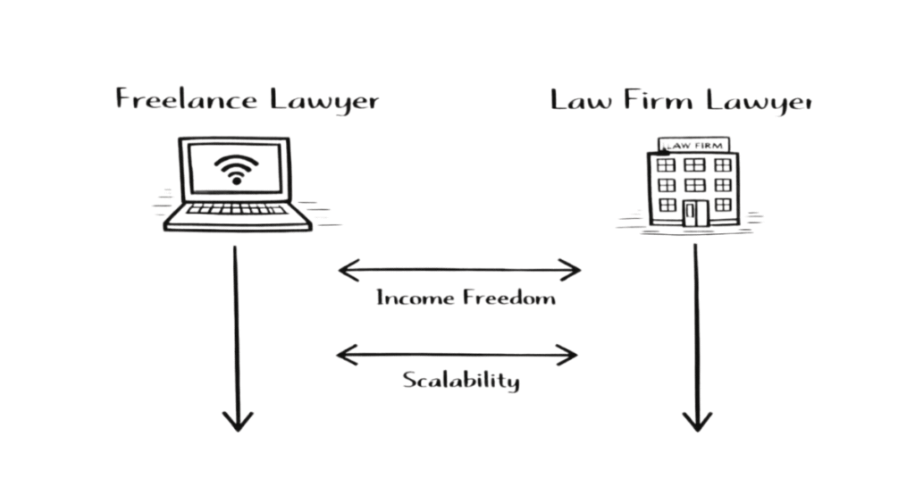 Napkin style comparison between freelance legal practice and traditional law firm career