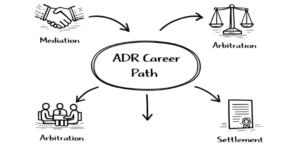 Napkin style illustration explaining ADR careers including arbitration, mediation and dispute resolution