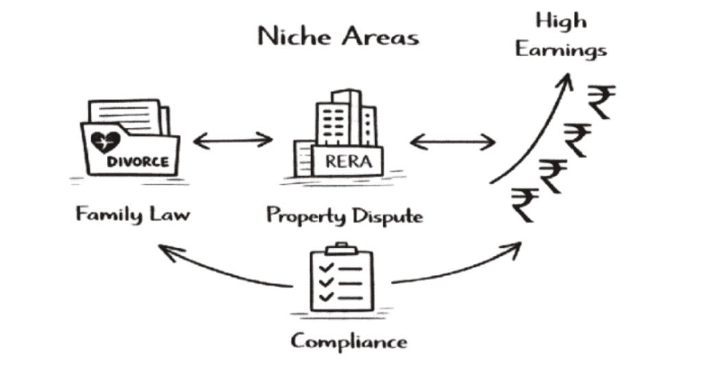 Napkin sketch showing profitable legal niches for women lawyers such as family law, RERA practice and compliance consulting