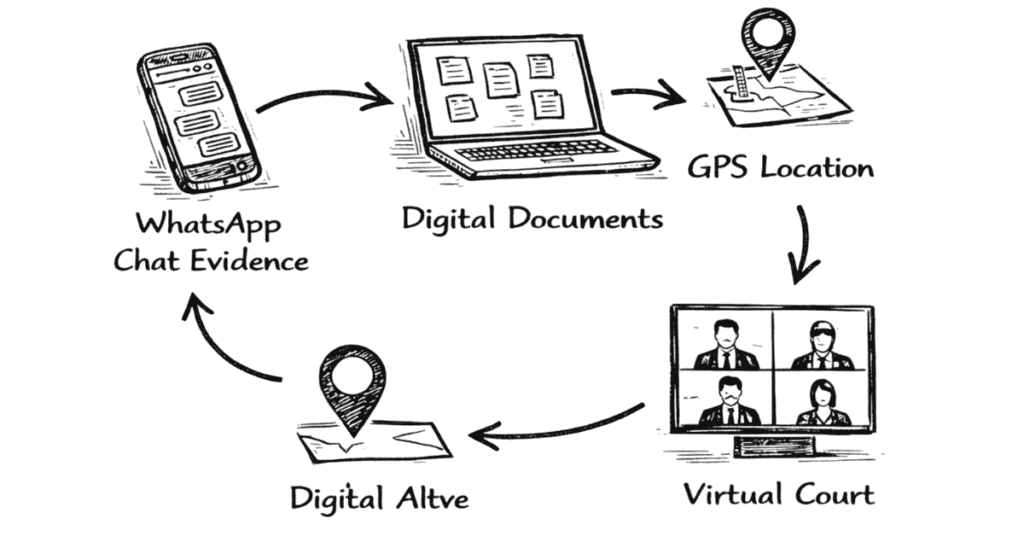 Napkin sketch explaining technology used in family law cases including digital evidence, virtual hearings and document management
