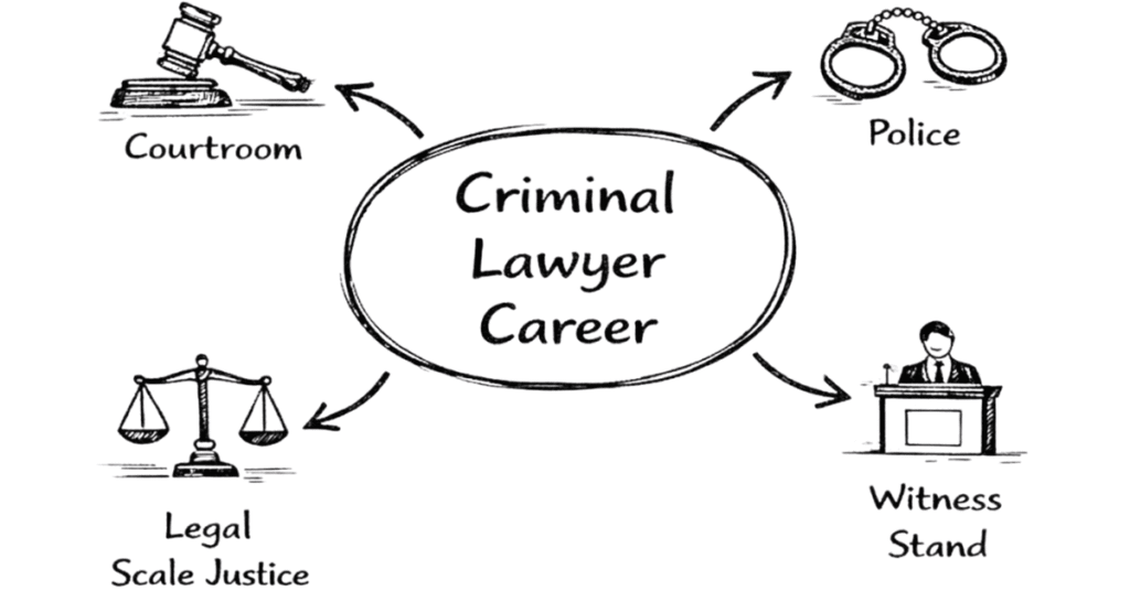 Napkin style illustration showing criminal lawyer career with courtroom, justice and legal defence icons
