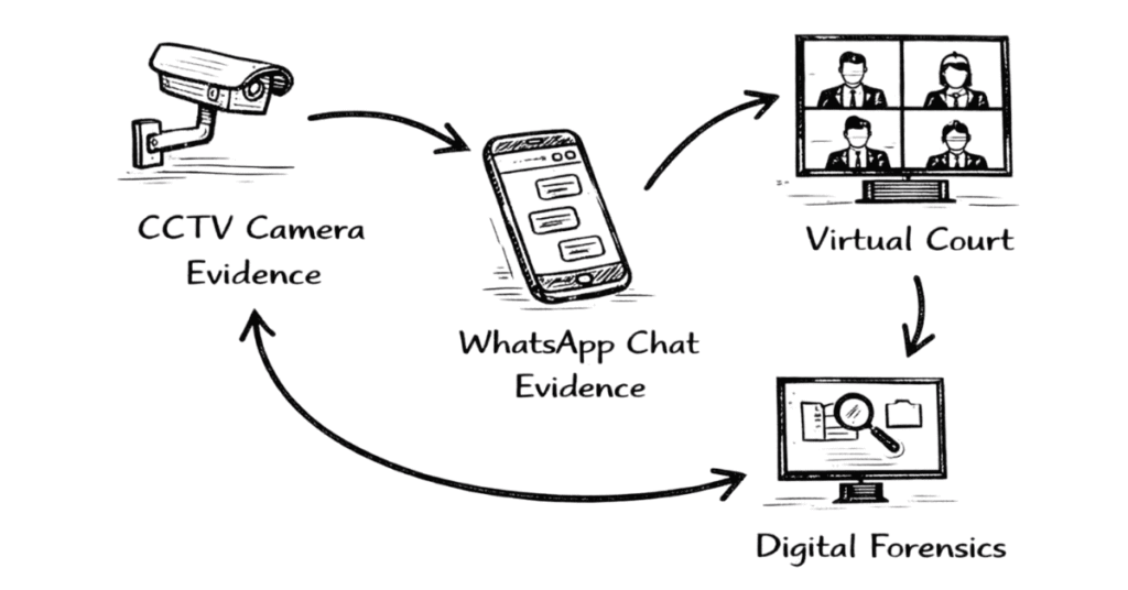 Napkin sketch explaining technology in criminal law including digital evidence, CCTV analysis and virtual court hearings