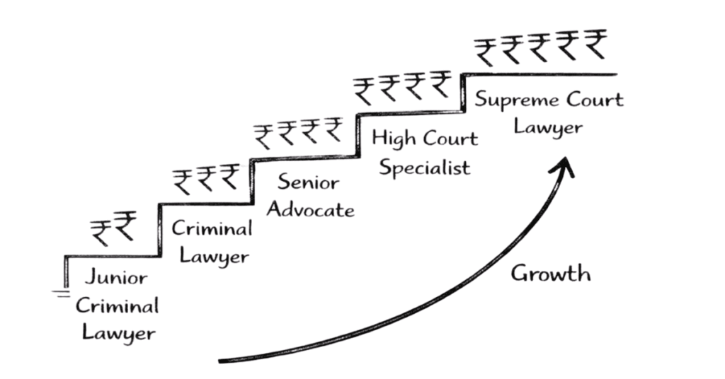 Napkin style criminal lawyer career progression chart from junior advocate to Supreme Court specialist