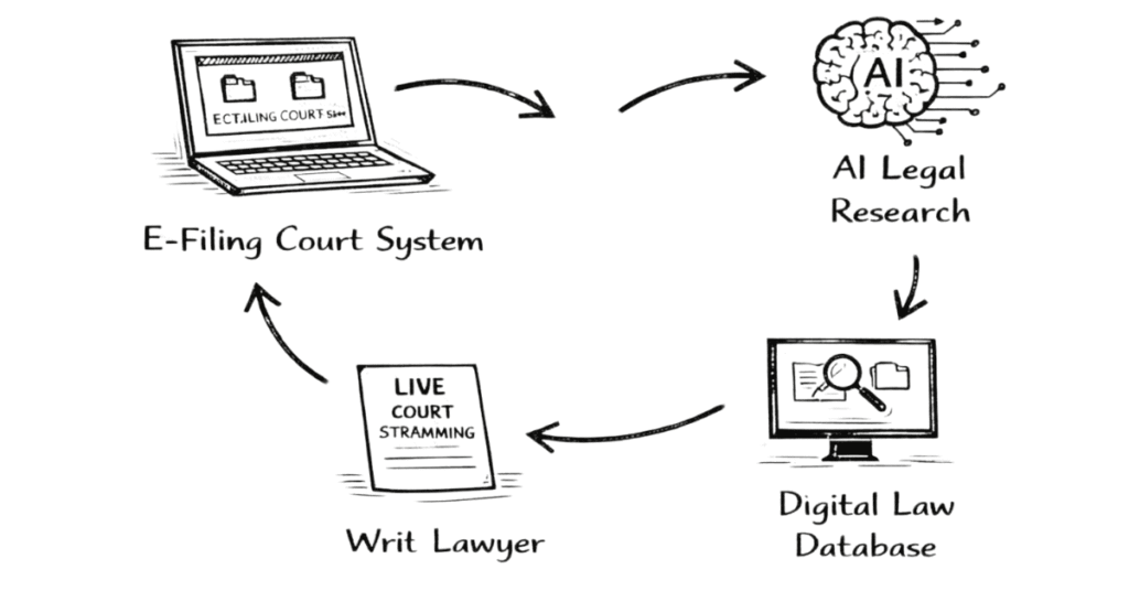 Napkin sketch explaining technology used in constitutional law including e-filing systems, AI legal research and live court streaming