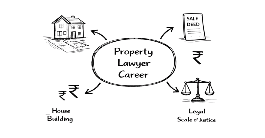 Napkin style illustration explaining property lawyer career with real estate deals, land documentation and legal ownership icons