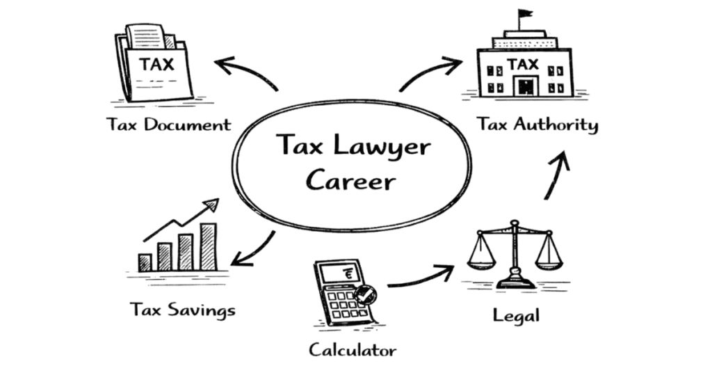 Napkin style illustration explaining tax lawyer career with tax filings, financial calculations and legal advisory icons