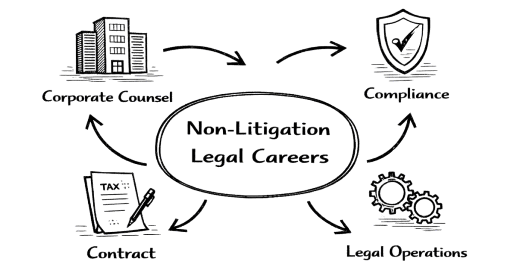 Napkin style illustration showing non-litigation legal careers like in-house counsel, compliance and legal operations