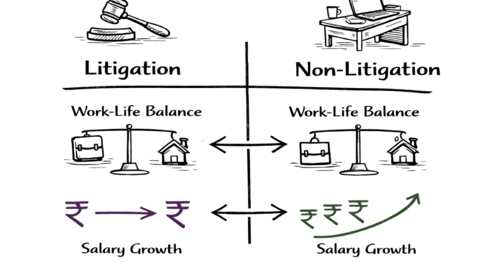 Napkin style comparison between litigation and non-litigation legal careers showing salary and work-life balance differences