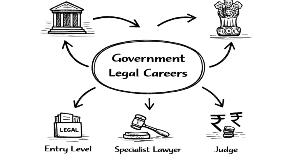 Napkin style illustration explaining government legal careers including judiciary, prosecution and PSU legal roles