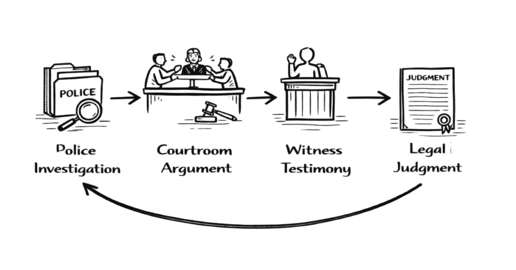 Napkin sketch explaining public prosecutor workflow including investigation review, courtroom trials and legal arguments