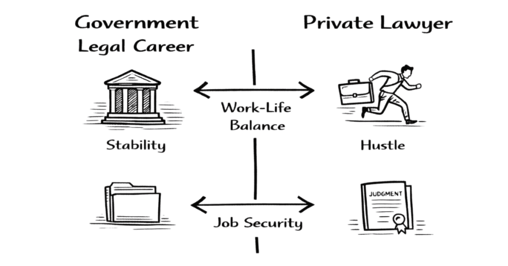 Napkin style comparison between government legal careers and private legal practice showing job security and salary differences