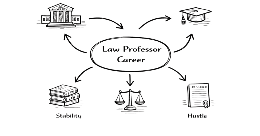 Napkin style illustration explaining law professor career with teaching, research and legal scholarship icons